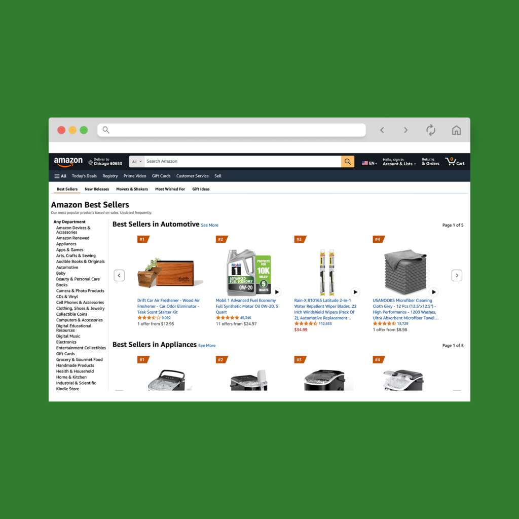 A screenshot mockup of Amazon’s Best Sellers page.