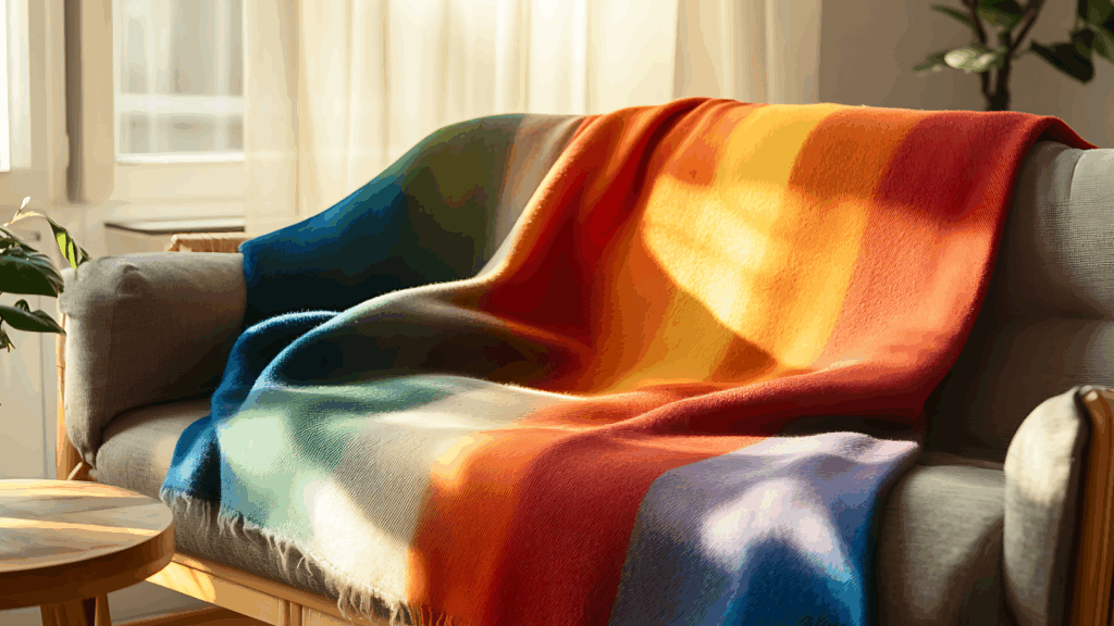 A custom rainbow-colored blanket laying on a couch.