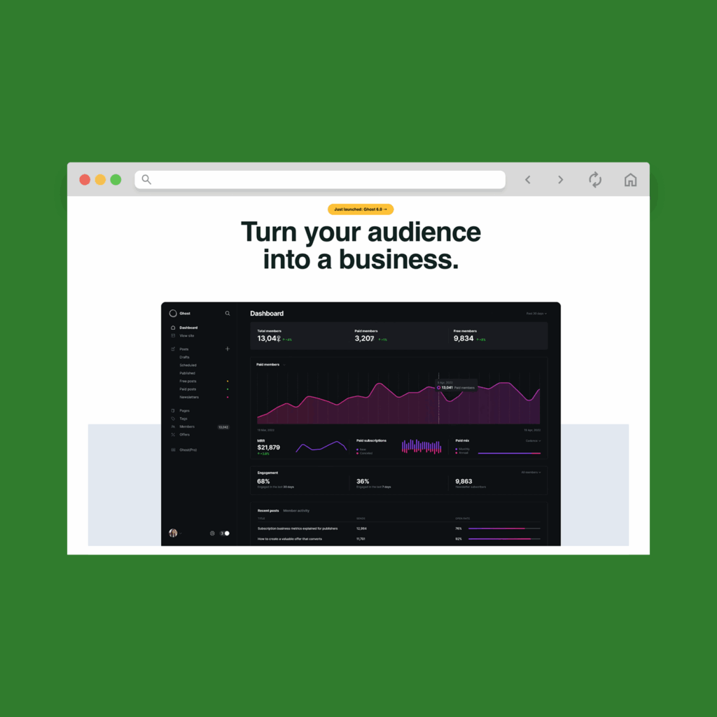Ghost homepage hero section screenshot mockup.