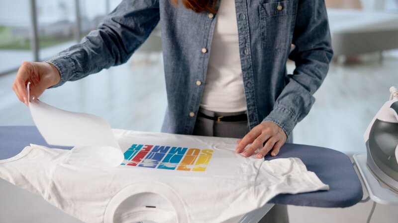 A person using a heat press to sublimate a garment.