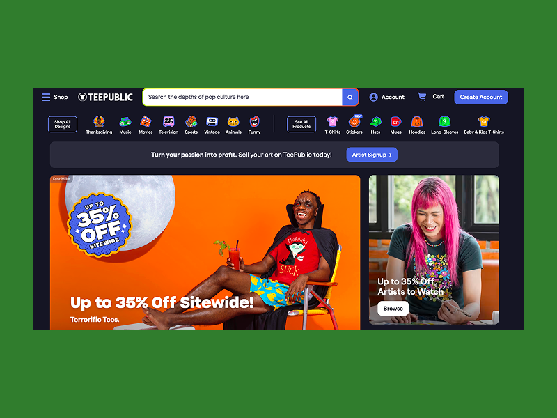 TeePublic homepage advertising up to 35% off pop culture tees.