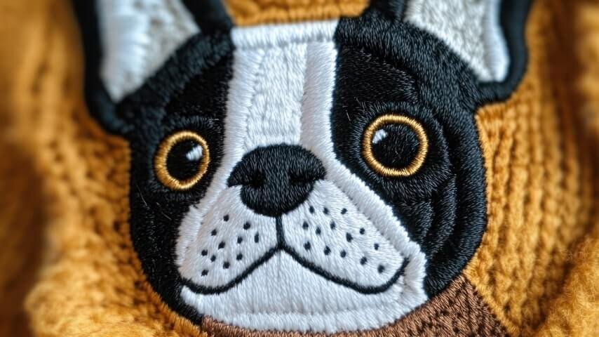 An embroidery patch of a French Bulldog.
