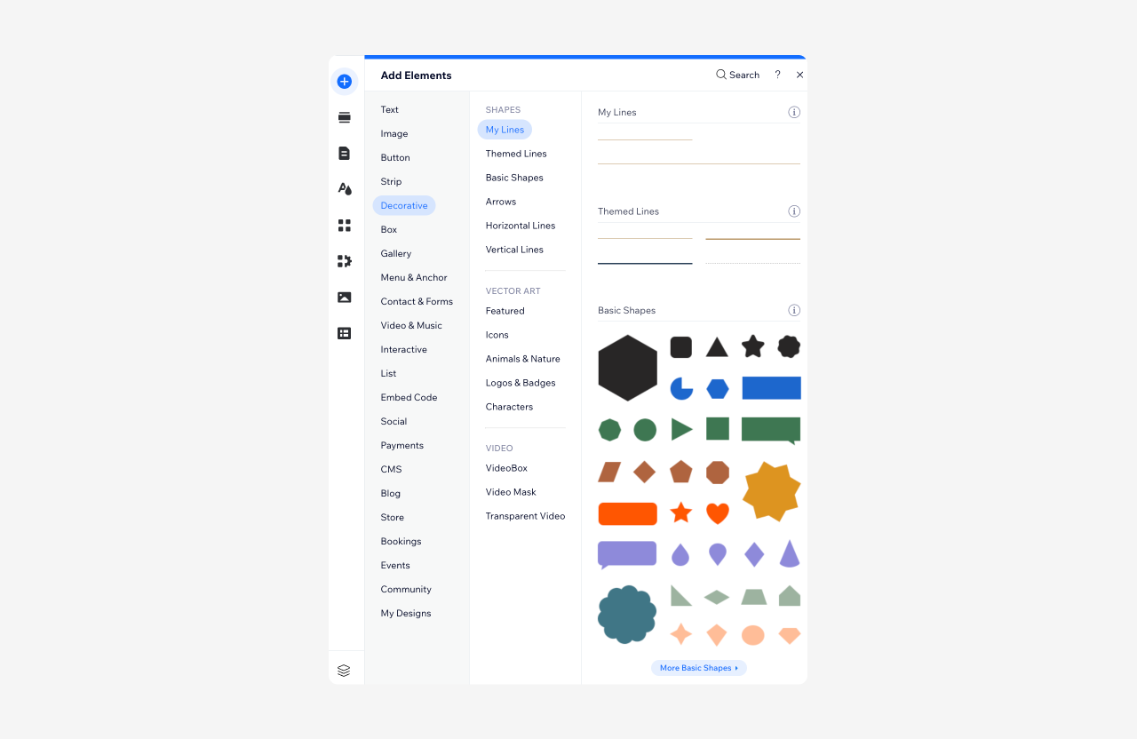 A screenshot of Decorative elements you can add to websites in the Wix Editor. Examples include Shapes, Vector Art, and Video.