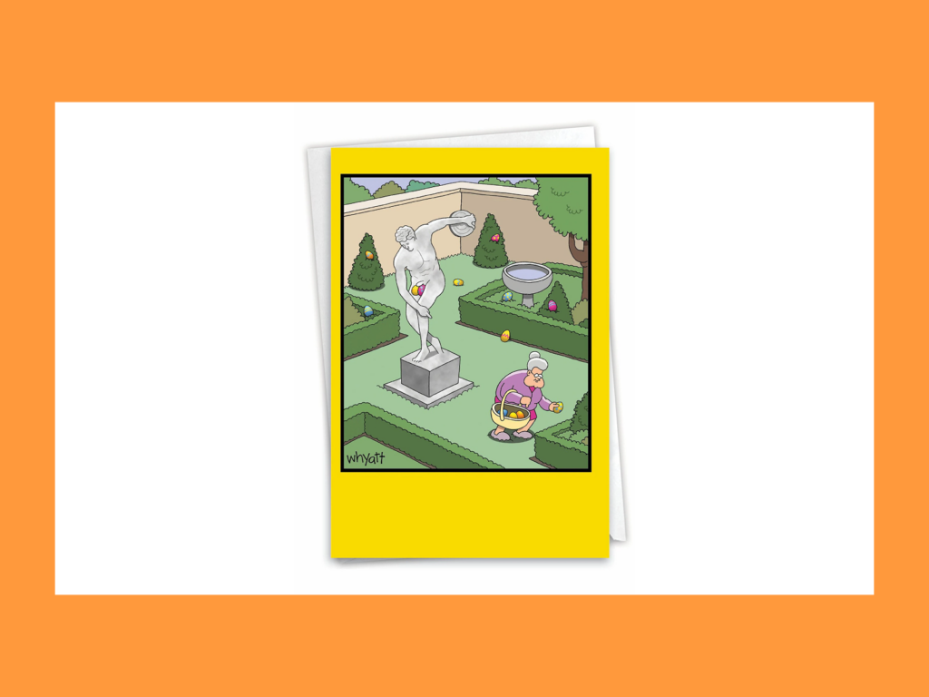 A greeting card with easter egg-hunt illustration on it.