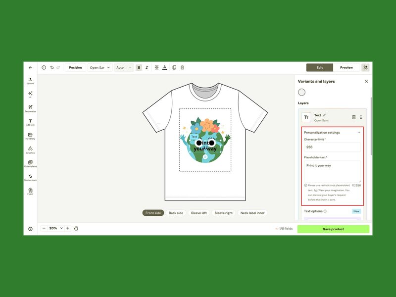 A screenshot mockup showing how personalization works within Printify’s Product Creator.