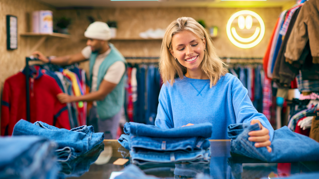 A woman smiles while browsing jeans in a clothing store, reflecting her satisfaction with the shopping experience.