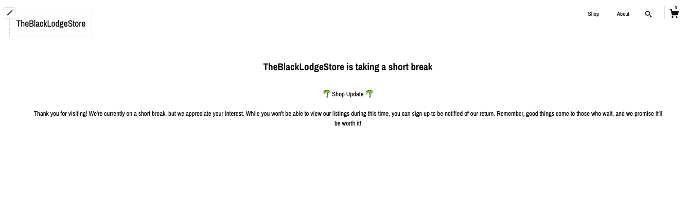 Etsy's Pattern Site example with an announcement that the store is taking a break.