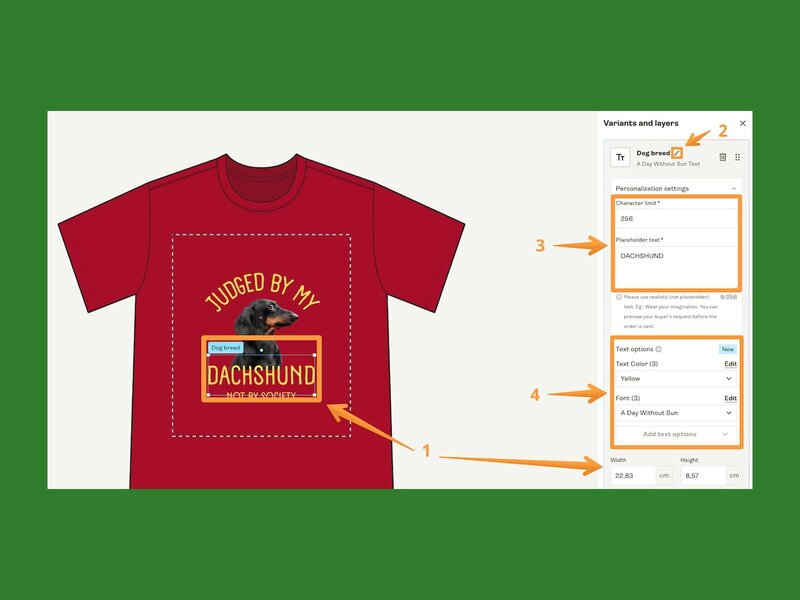 A screenshot mockup showing an example of personalization options for a t-shirt within Printify’s Product Creator.
