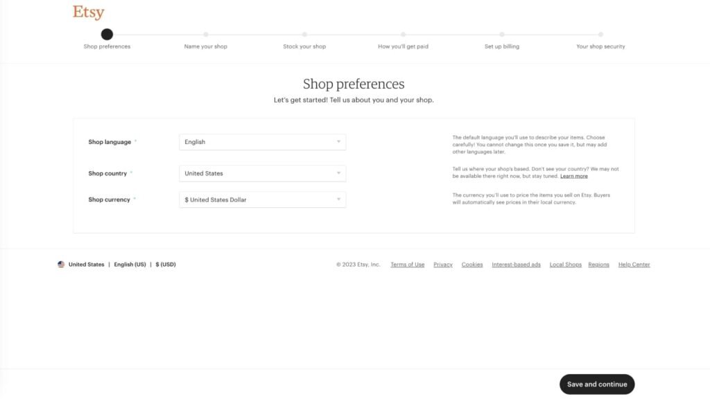 “Shop preferences” section of the Etsy store setup process.