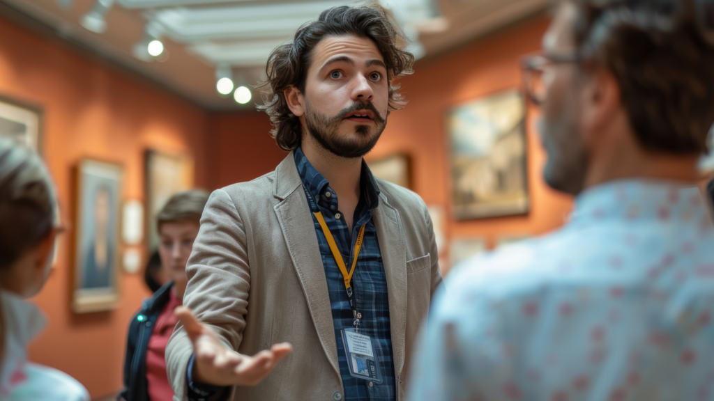 A man engages in conversation with a group of people inside an art gallery or museum, surrounded by various artworks.