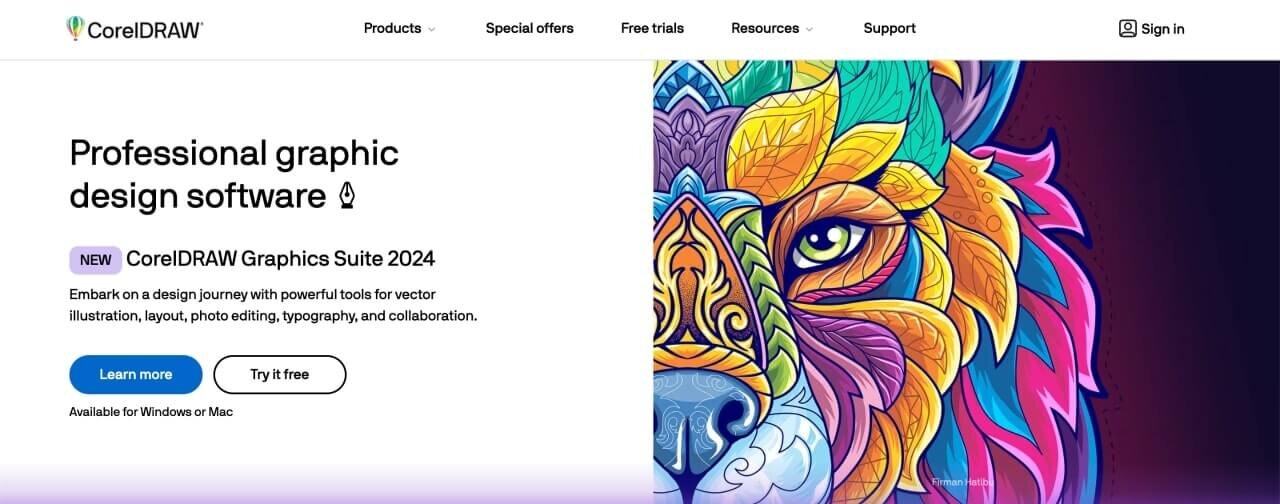 A screenshot of the CorelDraw homepage hero section.