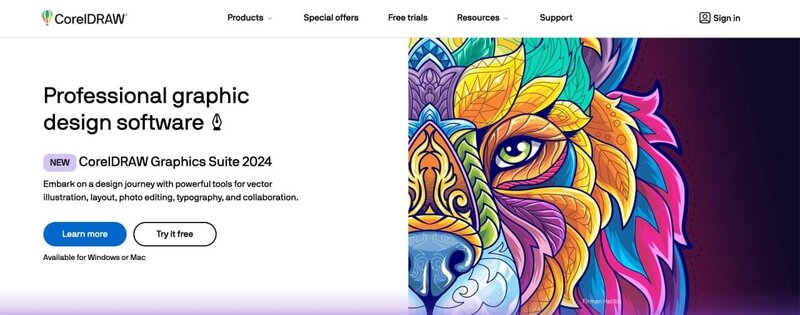 A screenshot of the CorelDraw homepage hero section.