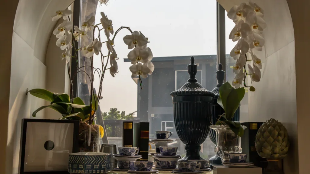 A window featuring a vase of colorful flowers and a decorative picture frame on the sill.