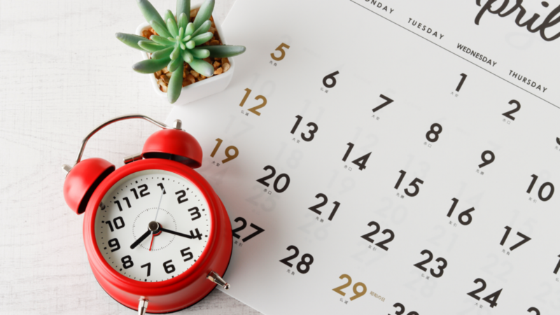 A calendar and alarm clock beside a plant on a white table.