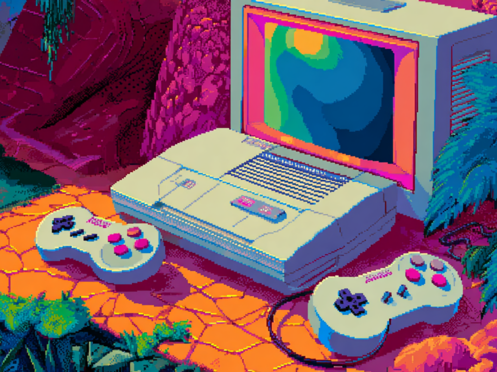 An old computer sits on a desk alongside two video game controllers, evoking nostalgia for classic gaming experiences.