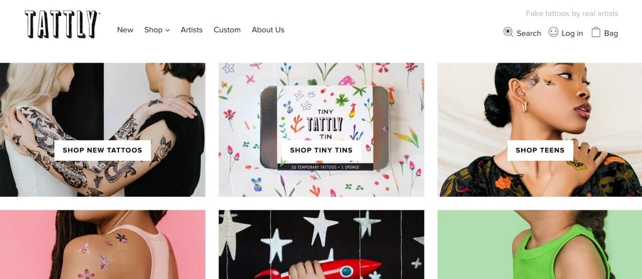 The homepage of the Tattly Shopify store
