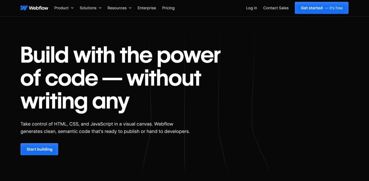 A hero section screenshot of the Webflow homepage.