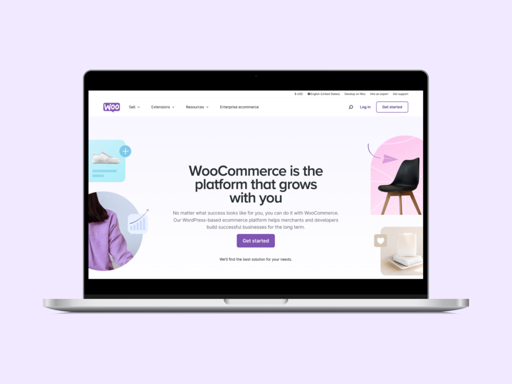 A mockup of a laptop with WooCommerce’s homepage on the screen.