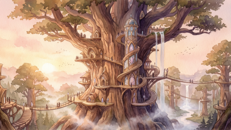 An AI-generated image of a fantasy village built in a tree.