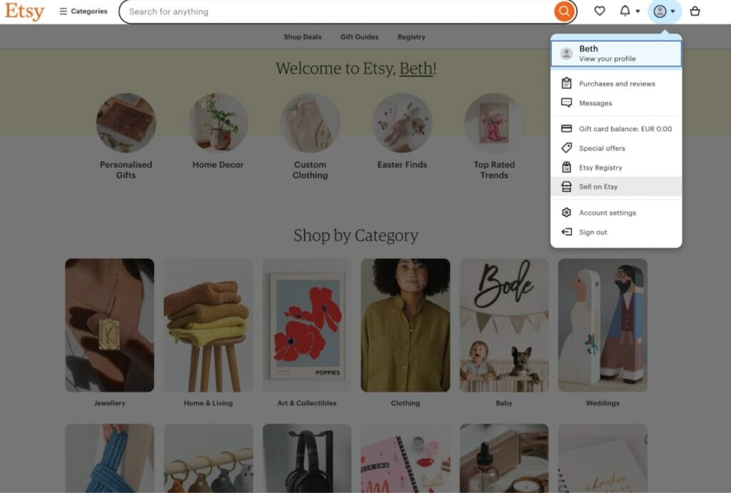 A screenshot of the drop-down menu in the upper right of your Etsy profile that highlights the option to "Sell on Etsy".