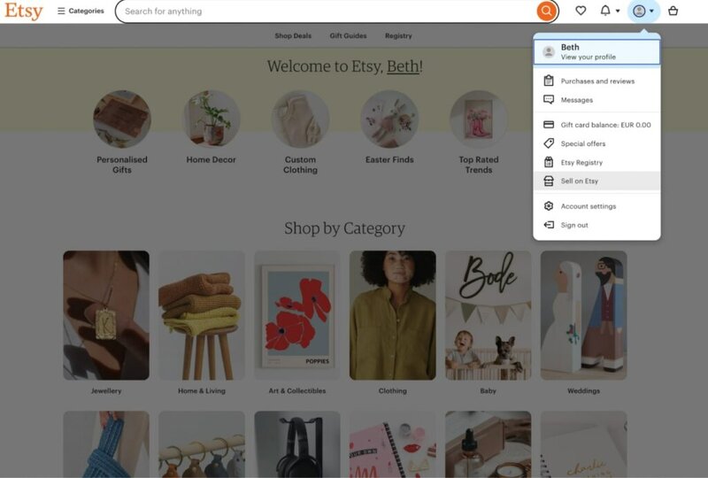A screenshot of the drop-down menu in the upper right of your Etsy profile that highlights the option to "Sell on Etsy".
