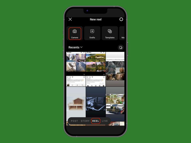 A screenshot showing how to create a reel on Instagram.