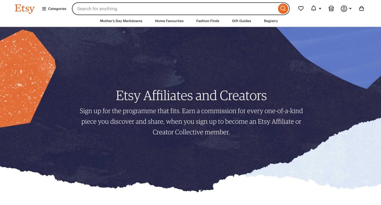 Etsy Affiliates page hero section screenshot.
