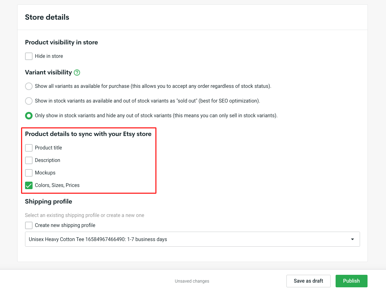 A screenshot of the Product details to sync with your Etsy store section with a checkmark next to Colors, Sizes, Prices.