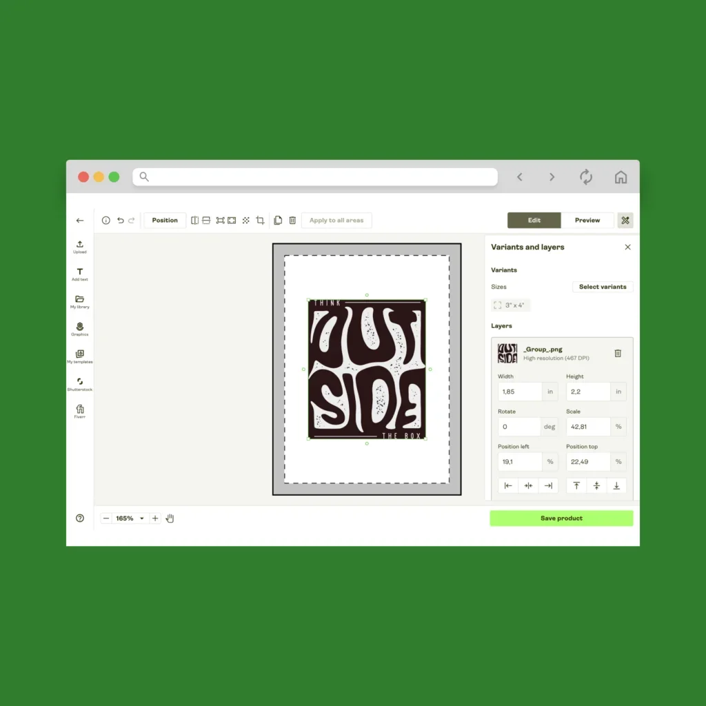 A screenshot of Printify’s Product Creator in use for designing custom stickers to sell on Etsy.