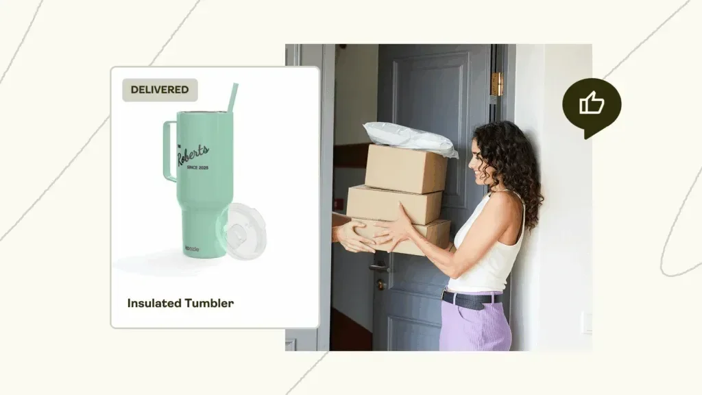 A woman is receiving a delivery package with an insulated tumbler with laser engraving.