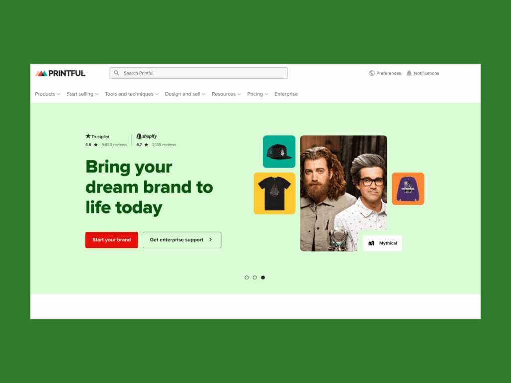A screenshot of the Printful landing page.