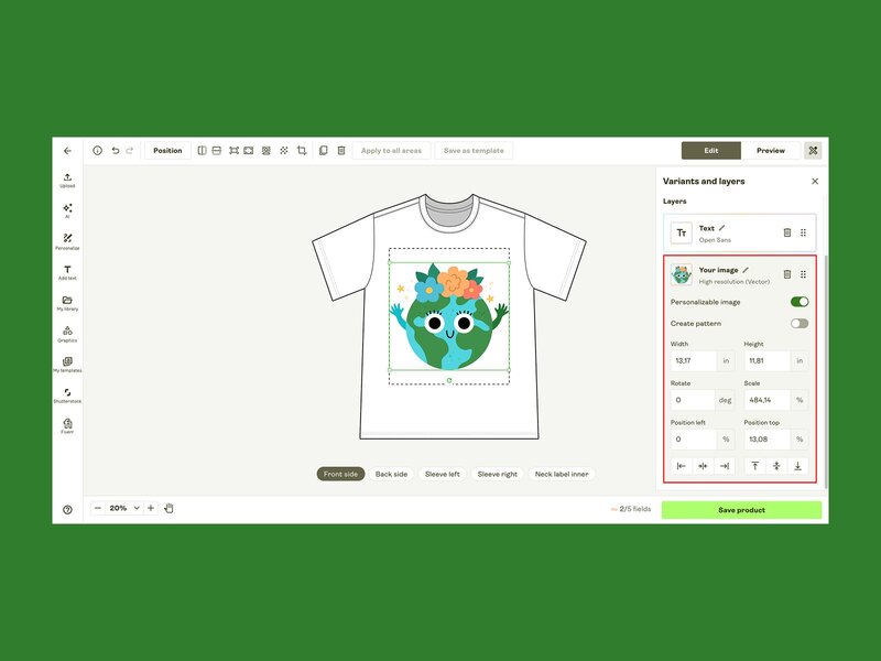 A screenshot mockup showing the personalization enable and image positioning features of Printify’s Product Creator.