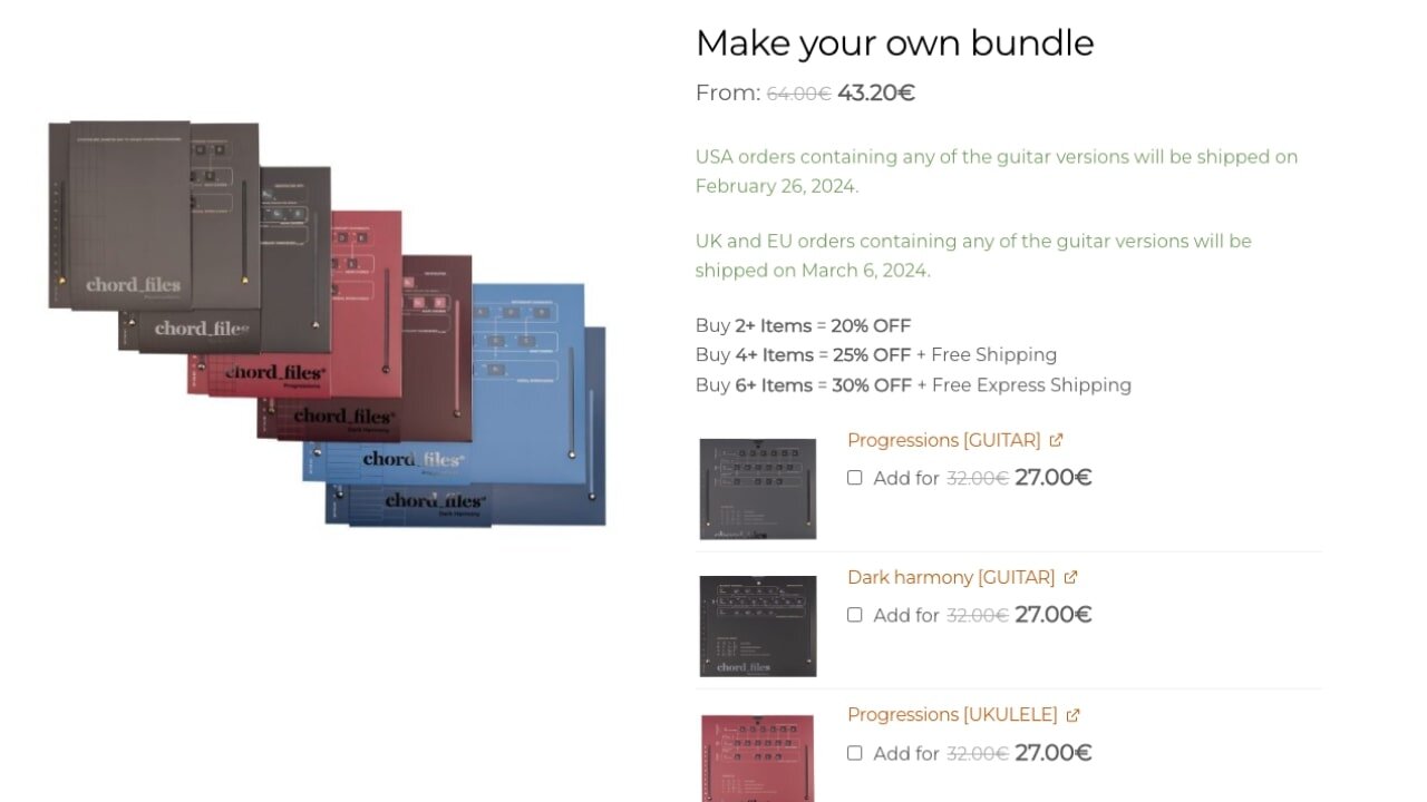 Chord Files “Make your own bundle” listing, where it says that one gets 30% off and free express shipping if they buy 6 or more items.