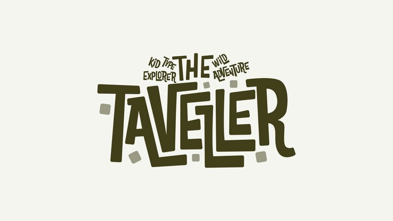A stylized title "THE TRAVELLER" with playful typography and accompanying phrases like "Kid the Explorer" and "Wild Adventure."