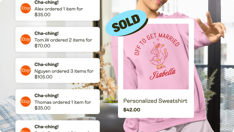 A woman wearing a pink sweatshirt with a "Off To Get Married" design stands amidst order notifications for various items from Etsy.