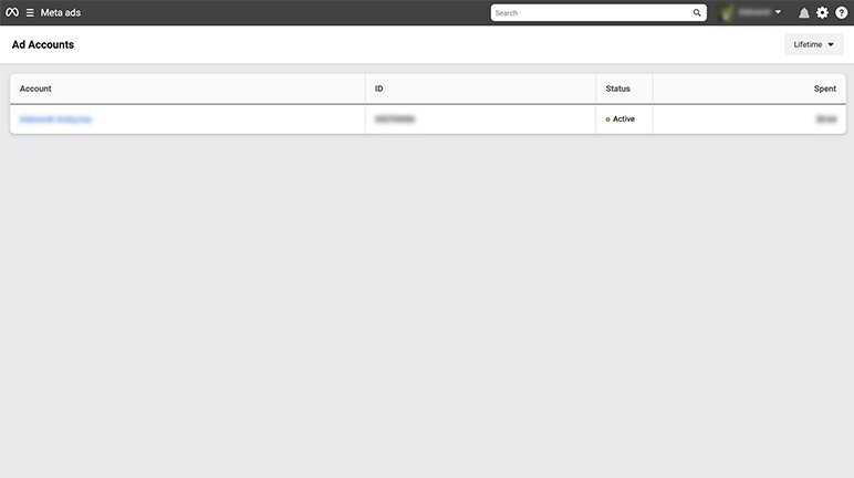 A screenshot of the Ad Accounts page in Meta ads. The account name is blurred out.