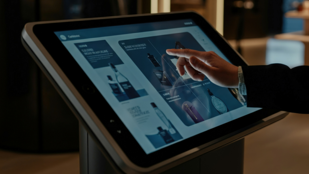A person interacting with a tablet, examining a product displayed on the screen in a bright, modern environment.