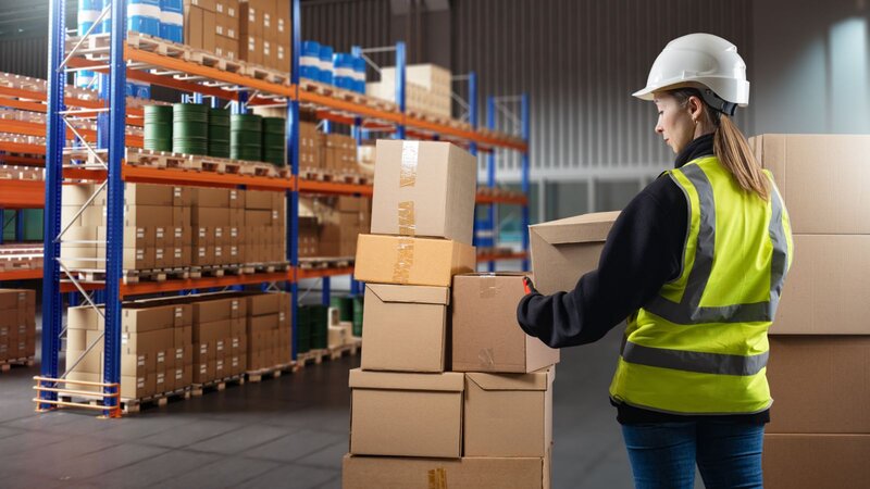 A man wearing a hard hat and safety vest is working in a warehouse, handling cardboard boxes in front of shelves.