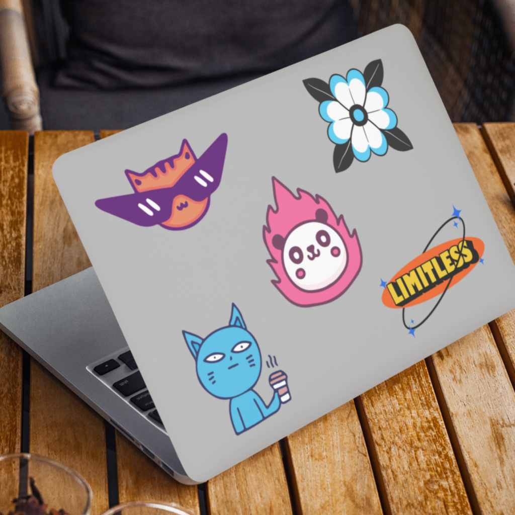 A laptop case with various custom stickers.