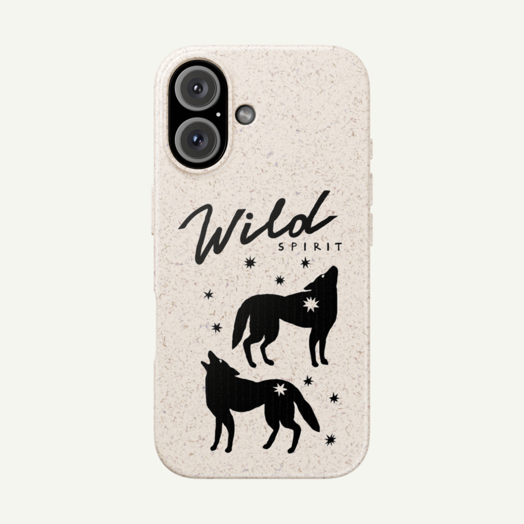 A custom white “Wild spirit” phone case made from eco-friendly materials.