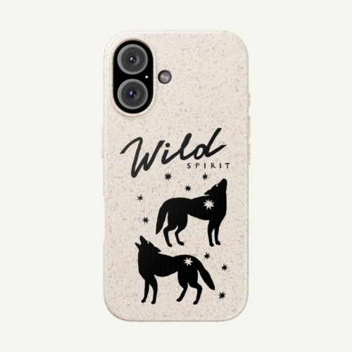 A custom white “Wild spirit” phone case made from eco-friendly materials.