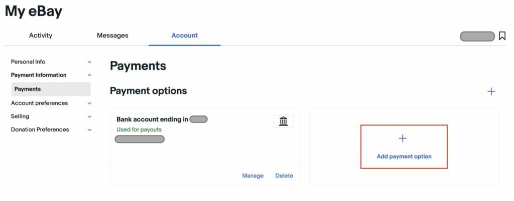 The Payments section in the eBay Seller Hub, with the bank account number hidden in grey and the "Add payment option" highlighted in red.