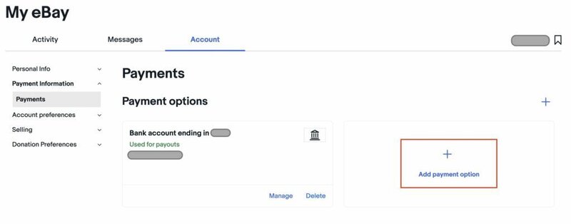 The Payments section in the eBay Seller Hub, with the bank account number hidden in grey and the "Add payment option" highlighted in red.