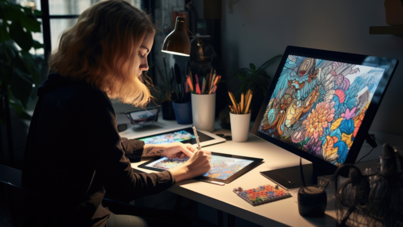 A woman focused on her computer while simultaneously viewing a tablet, showcasing multitasking in a modern workspace.