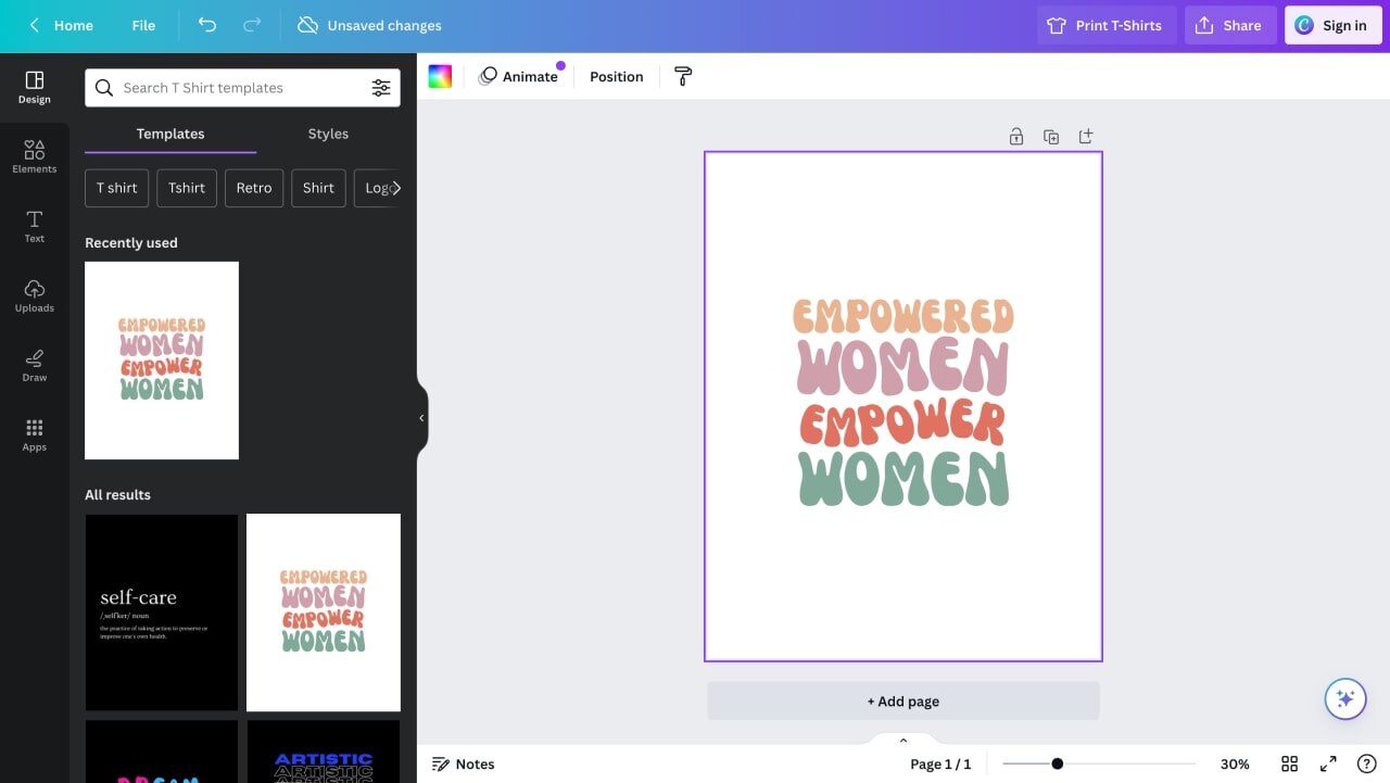A screenshot of the Canva t-shirt design software.