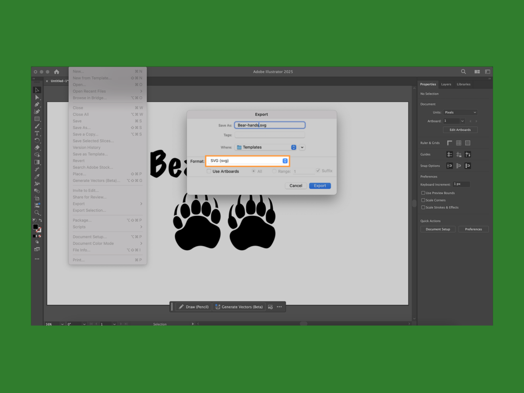 A screenshot mockup showing how to save an SVG file in Adobe Illustrator.