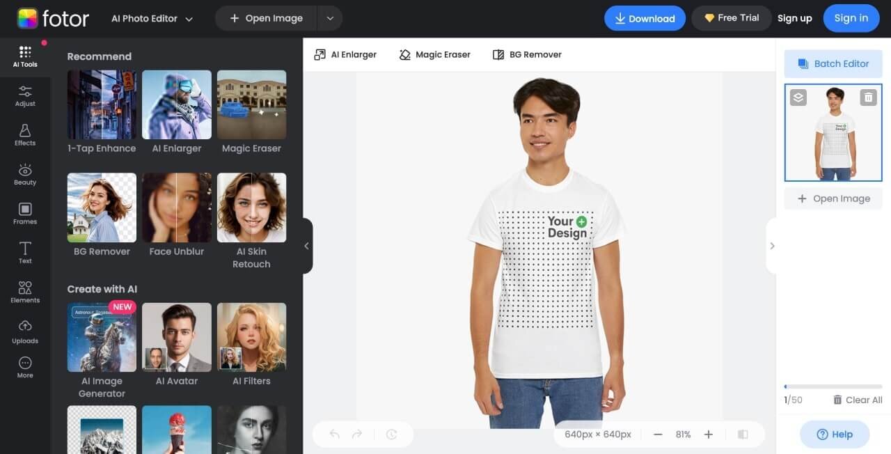 A screenshot of the Fotor t-shirt design software.