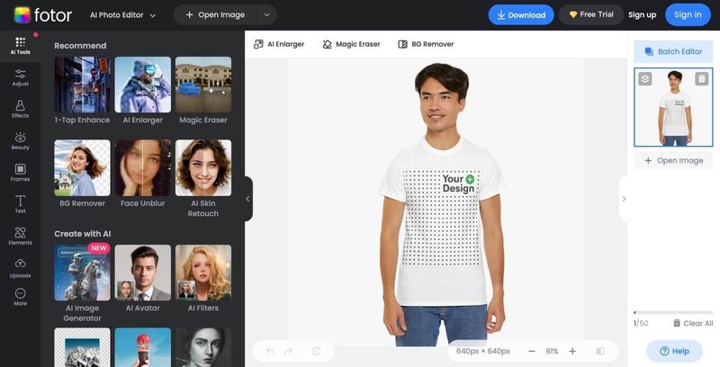 A screenshot of the Fotor t-shirt design software.