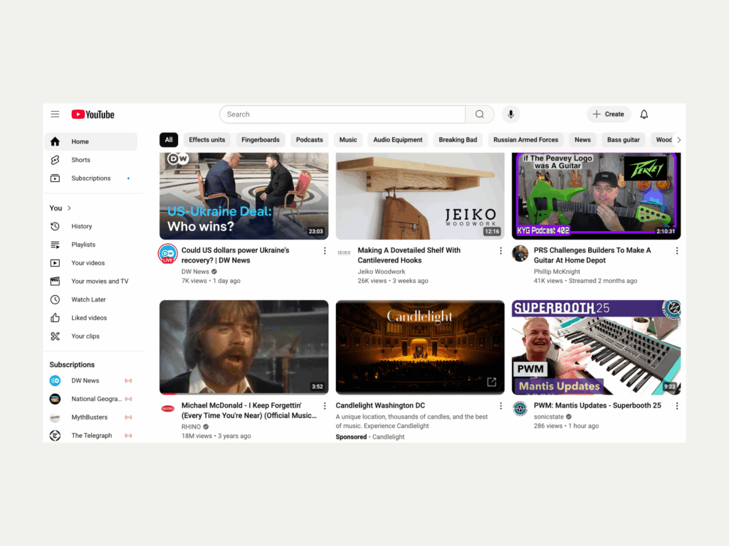A screenshot of the YouTube landing page.