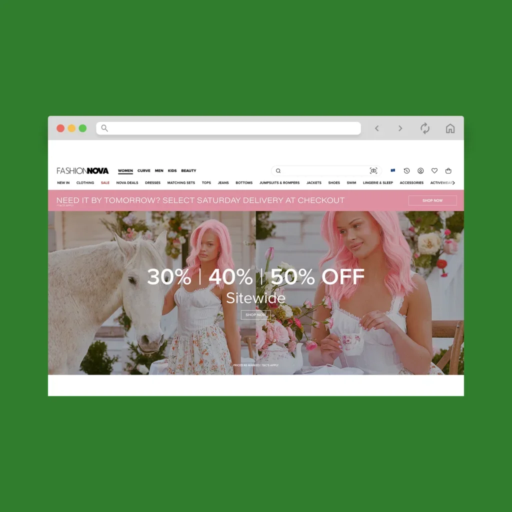 Fashion Nova homepage hero section screenshot mockup as a Shopify clothing store example.